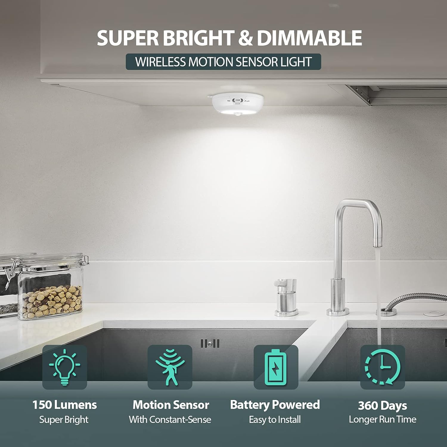 BLS Motion Sensor Light Indoor, Wireless LED Night Light, Under Cabinet Lighting, Battery Powered Puck Lights for Closet, Kitchen, Stairs, Wall, AA Battery Operated, Stick on, Dimmable, White, 6 Pack