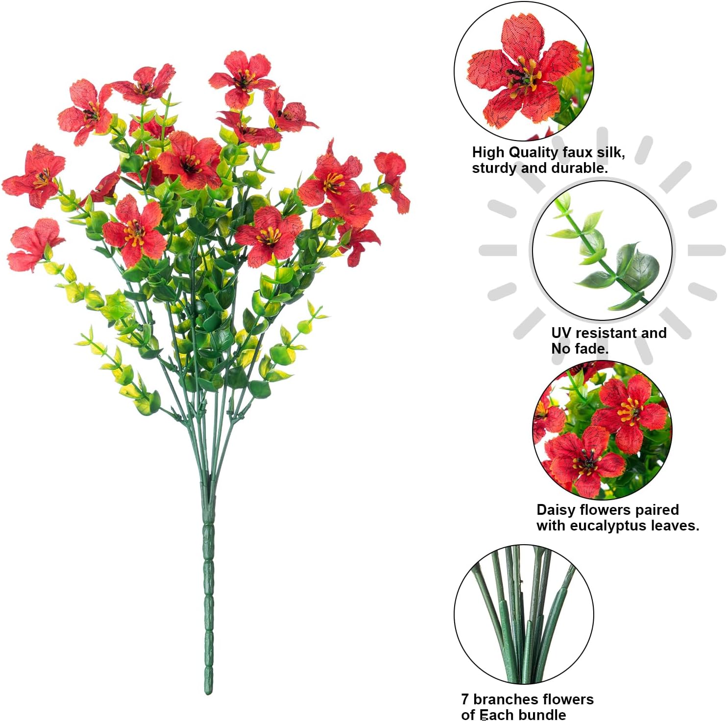 HyeFlora Artificial Flowers for Outdoor Indoor Garden Home Decoration, Faux Flower Daisy with Eucalyptus Leaves Fake Plants Greenery Boxwood Porch Patio, 12 Bundles (Red)