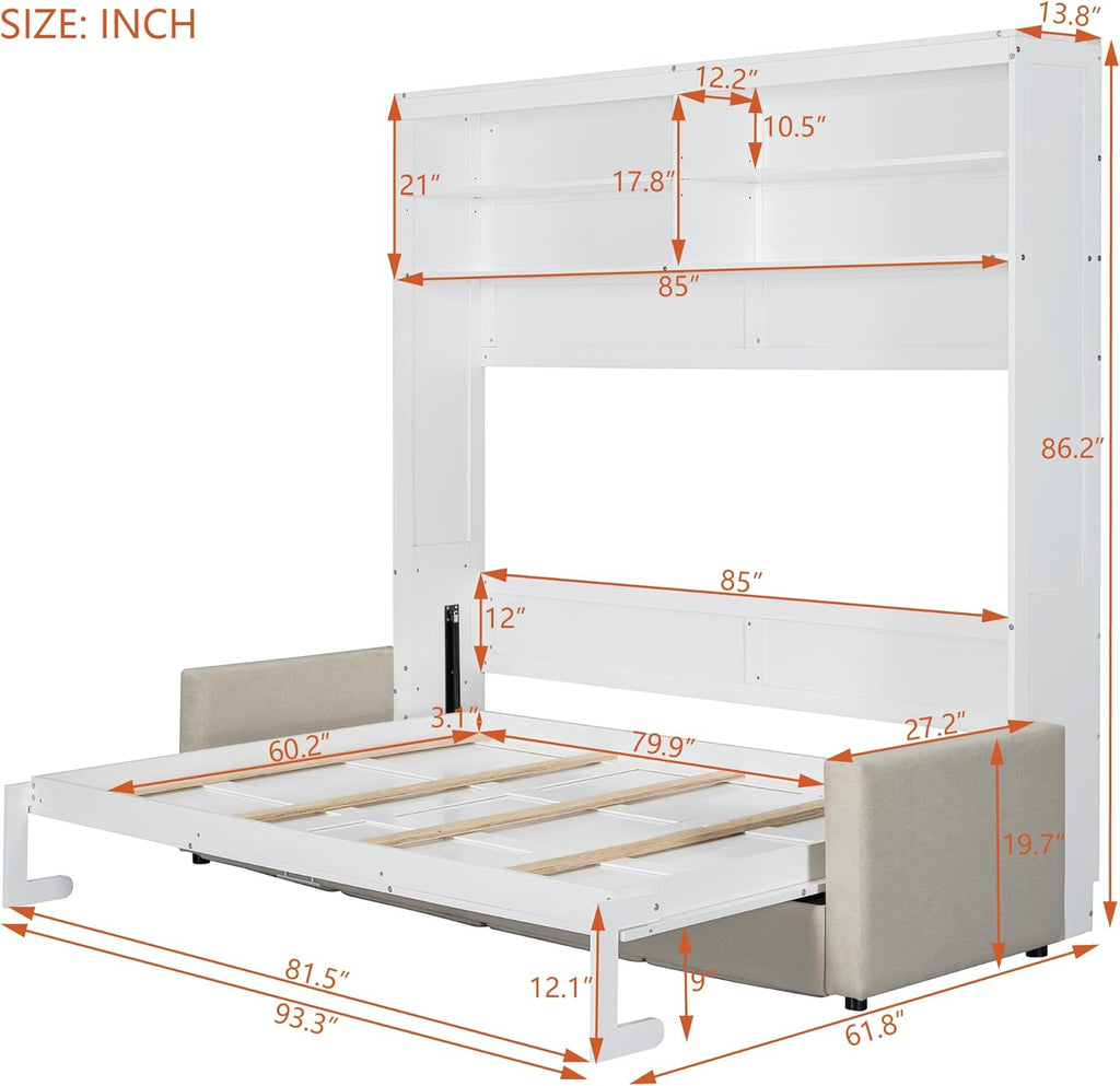 MERITLINE Queen Murphy Bed with 4 Seat Couch and Storage Shelves,Wood Murphy Bed Cabinet with Storage and Sofa,Folding White Murphy Wall Bed Cabinet Queen Size