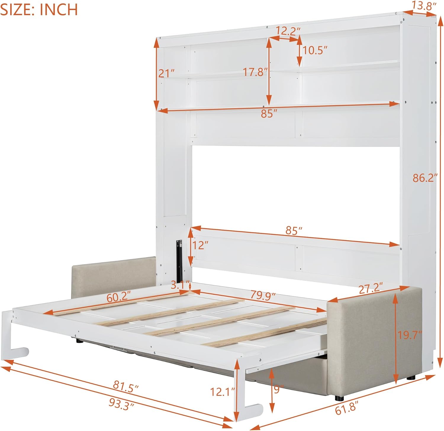 MERITLINE Queen Murphy Bed with 4 Seat Couch and Storage Shelves,Wood Murphy Bed Cabinet with Storage and Sofa,Folding White Murphy Wall Bed Cabinet Queen Size