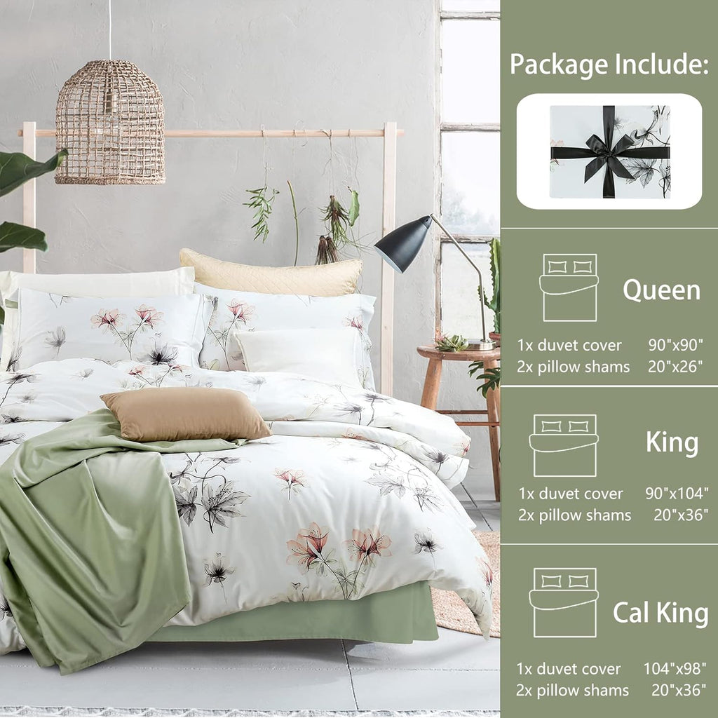 MILDLY 100% Long-Staple Cotton Duvet Cover Set White Green Floral Leaves Pattern Printed Comforter Cover 3pcs, Ultra Soft & Breathable Bedding Set