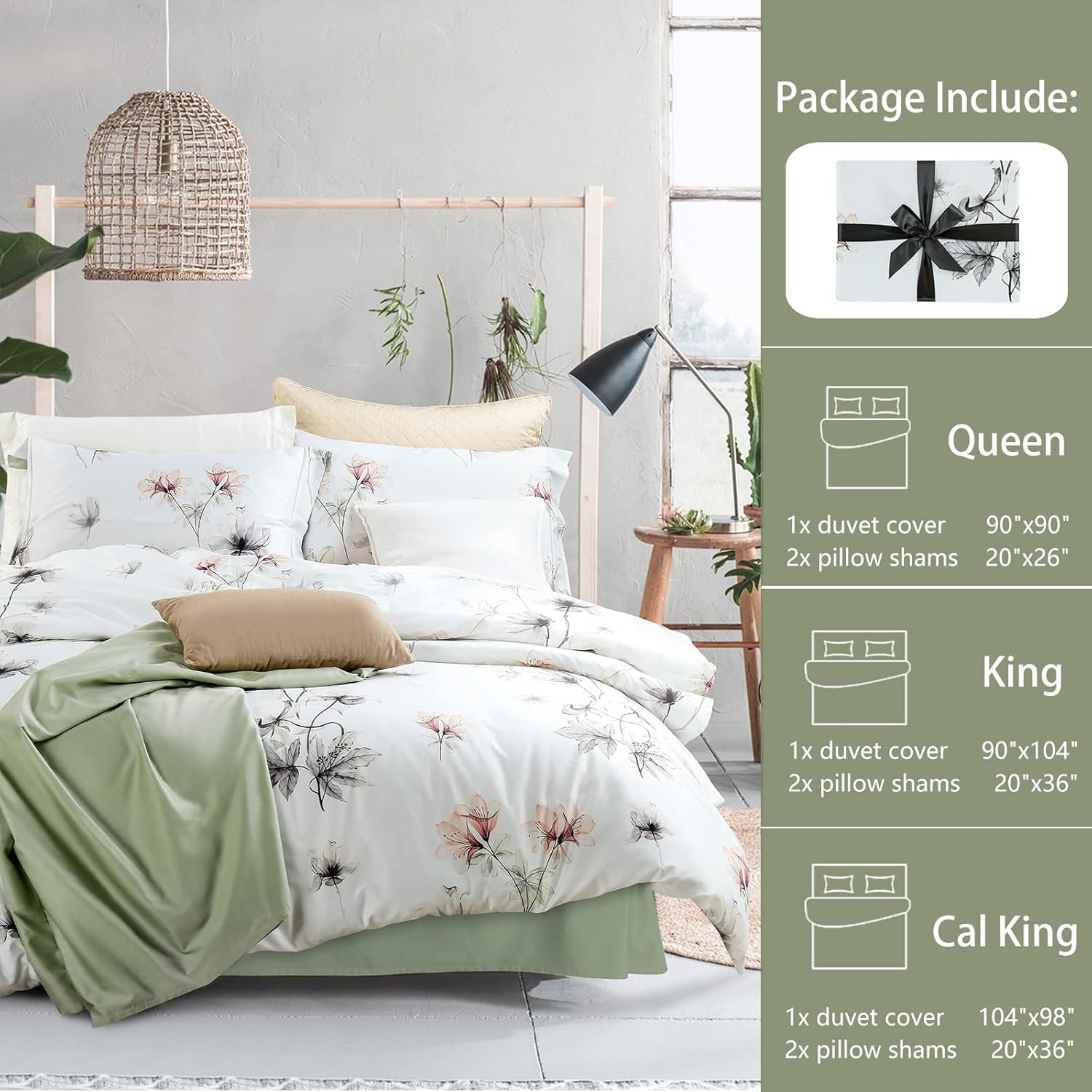 MILDLY 100% Long-Staple Cotton Duvet Cover Set White Green Floral Leaves Pattern Printed Comforter Cover 3pcs, Ultra Soft & Breathable Bedding Set