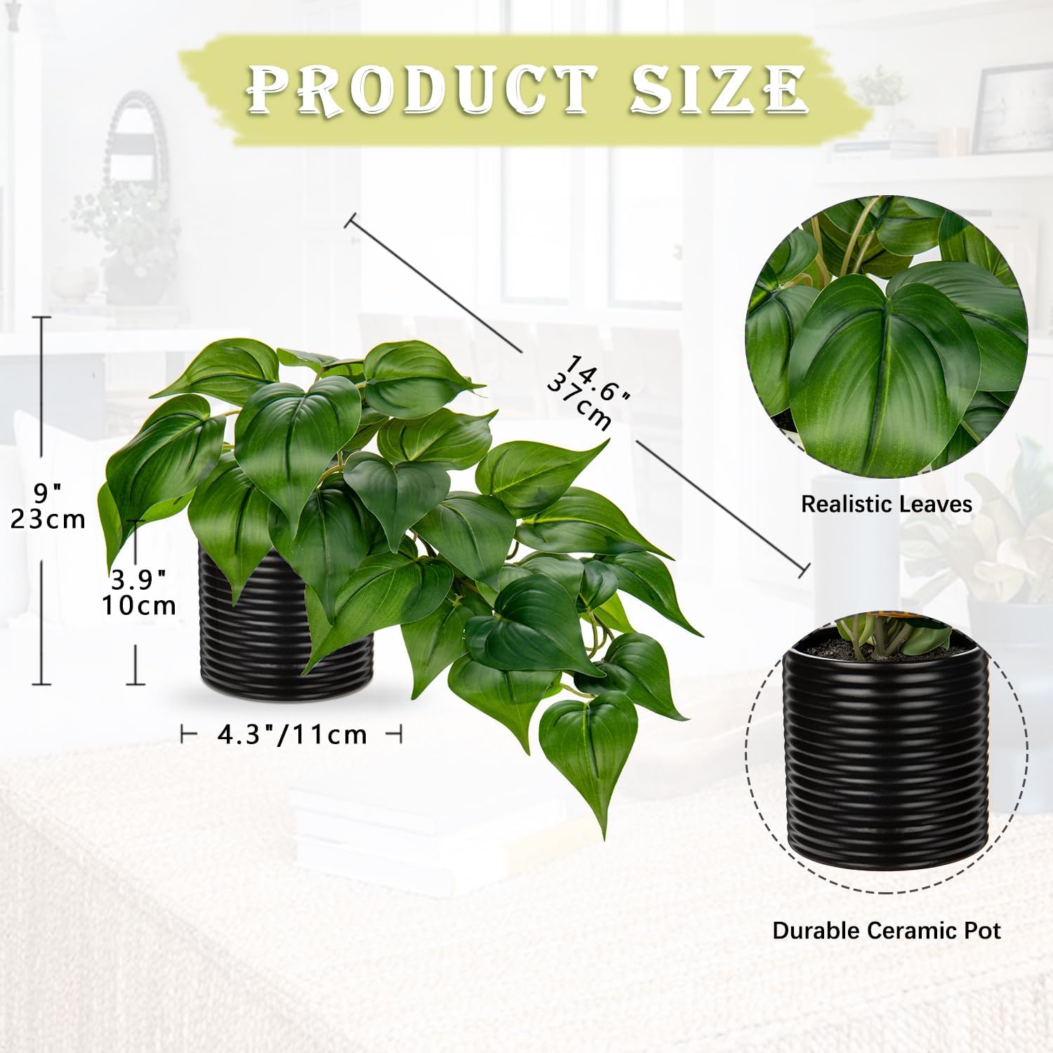 Hollyone Artificial Plants Potted Fake Plants in Black Ceramic Pot Faux Pothos Plants Indoor for Home Living Room Shelf Office Aesthetic Decor