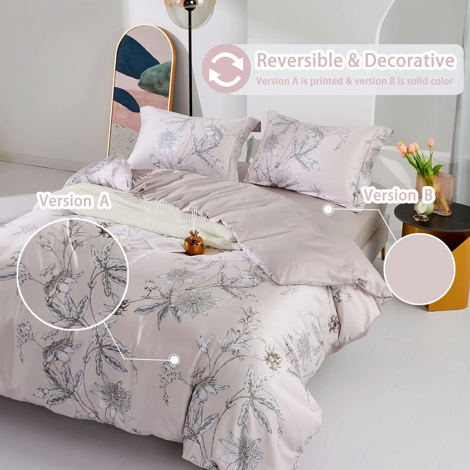 MILDLY 100% Long-Staple Cotton Duvet Cover Set Light Pink Elegant Floral Pattern Printed Comforter Cover 3pcs, Ultra Soft & Breathable Bedding Set