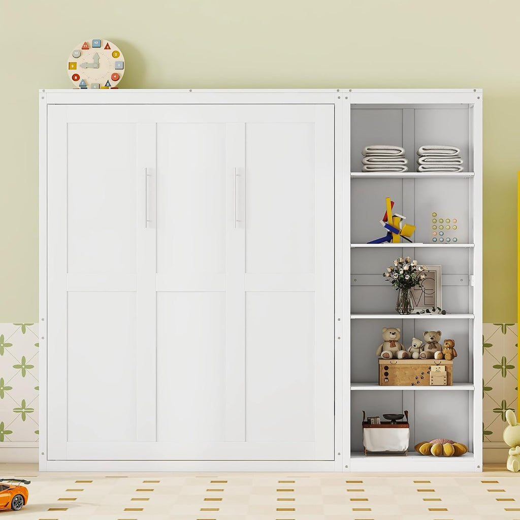 MERITLINE Queen Murphy Bed with Storage Bookcase Shelves,Wood Folding White Murphy Wall Bed Cabinet with Storage Shelves for Adults