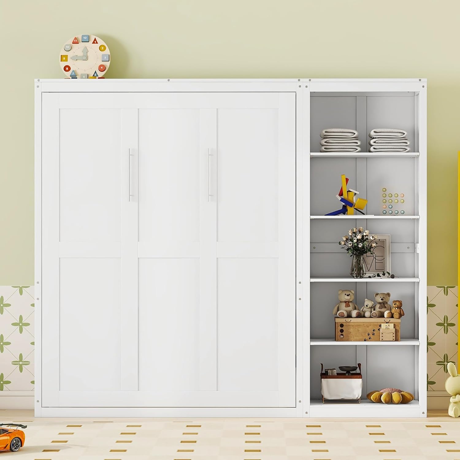 MERITLINE Queen Murphy Bed with Storage Bookcase Shelves,Wood Folding White Murphy Wall Bed Cabinet with Storage Shelves for Adults