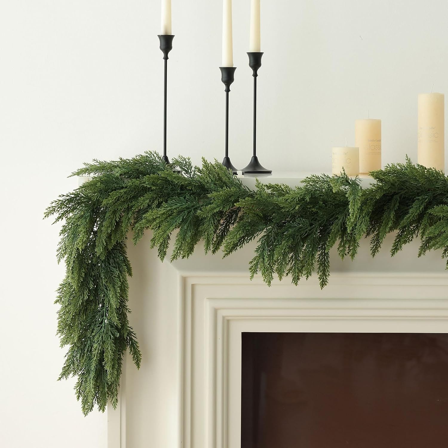 MIZII Christmas Garlands 6FT Thick Artificial Pine Garland Real Touch Green Faux Pines Vine Greenery Garland Christmas Decorations for Xmas Fireplace Mantle Home Decor Indoor Outdoor (Pine 6FT)