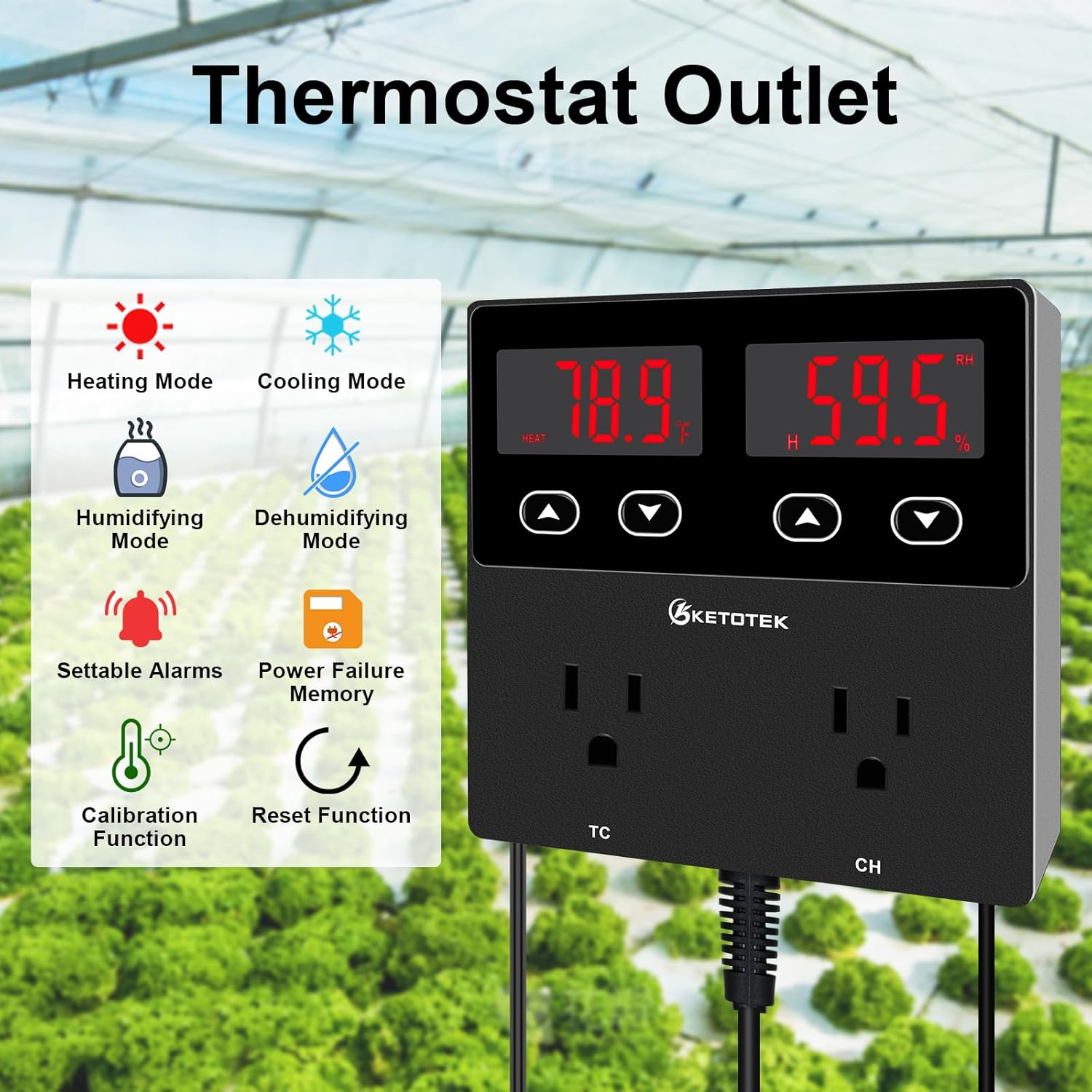 KETOTEK Digital Temperature and Humidity Controller Outlet, Reptile Thermostat Plug Dual Stage Pre-Wired for Mushroom Greenhouse Homebrew