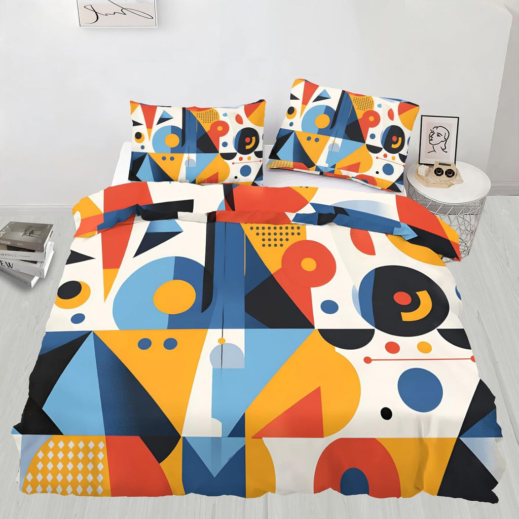 Mid Century Duvet Cover Full Size, Colorful Geometry Bedding Set 3 Piece Bedroom Decor Modern Abstract Art Comforter Cover and 2 Pillow Sham with Zipper Closure