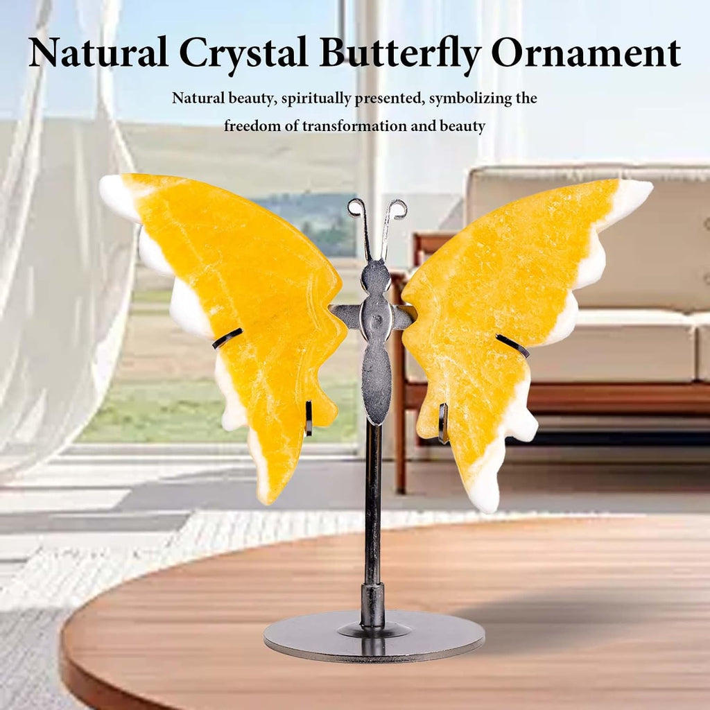 Crystal Butterfly Ornament, Amethyst Agate Wings, Home Office Tabletop Decor (Yellow Calcite)