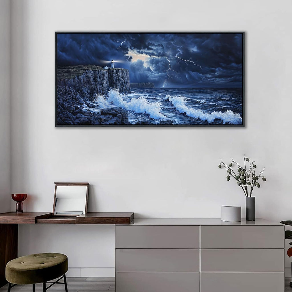 Navy Blue Wall Art - Ocean Canvas Lighthouse Painting Framed Coastal Wall Decor Artwork for Living Room,Stormy Seascape Picture for Bedroom,Office Decoration Size 20x40 inches