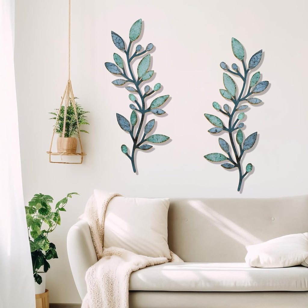 2 Pcs Colorful Tree Leaf Wall Art Decor Vine Home Wall Decoration Olive Branch Leaf Wall Decor Large Wall Decor for Bedroom, Living Room, Wall Sculptures Indoor Outdoor (Blue Green)