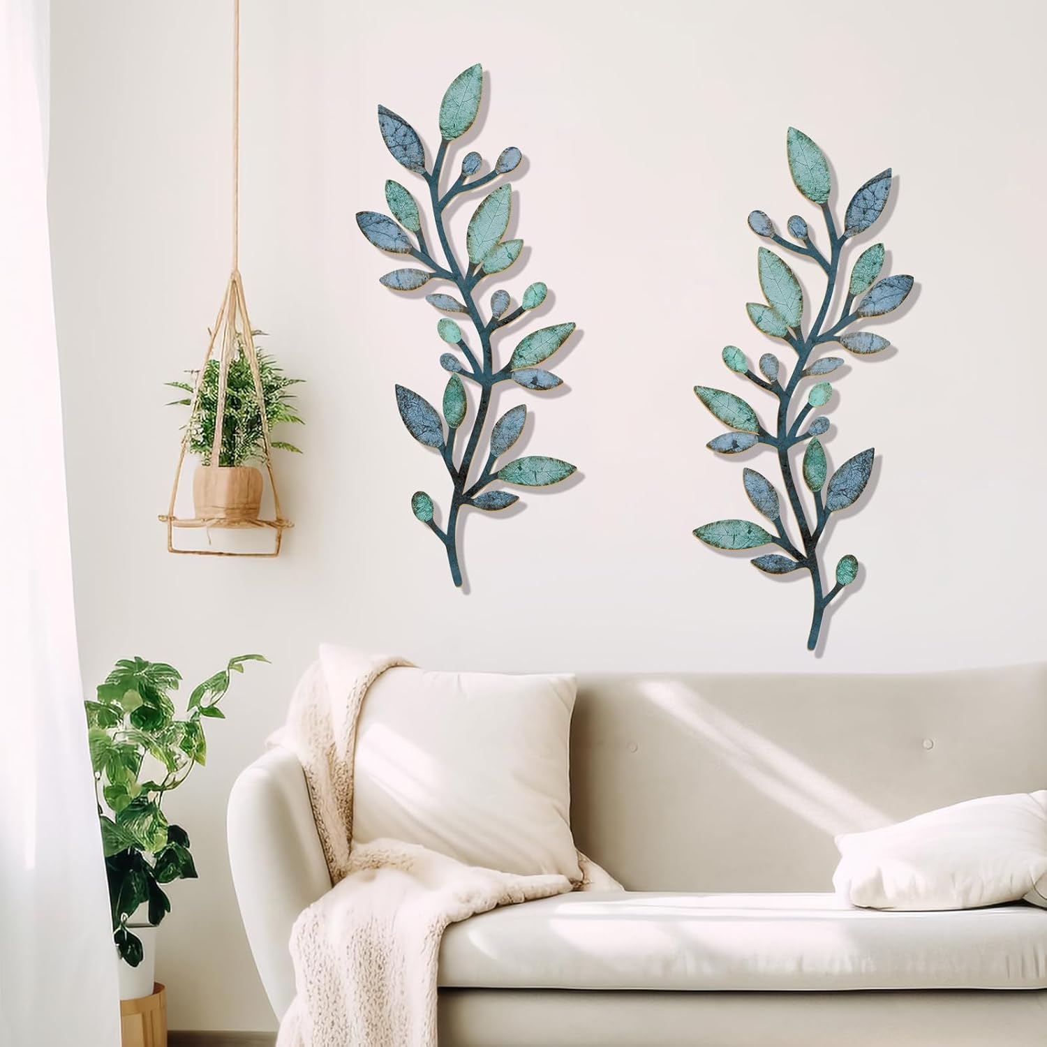 2 Pcs Colorful Tree Leaf Wall Art Decor Vine Home Wall Decoration Olive Branch Leaf Wall Decor Large Wall Decor for Bedroom, Living Room, Wall Sculptures Indoor Outdoor (Blue Green)