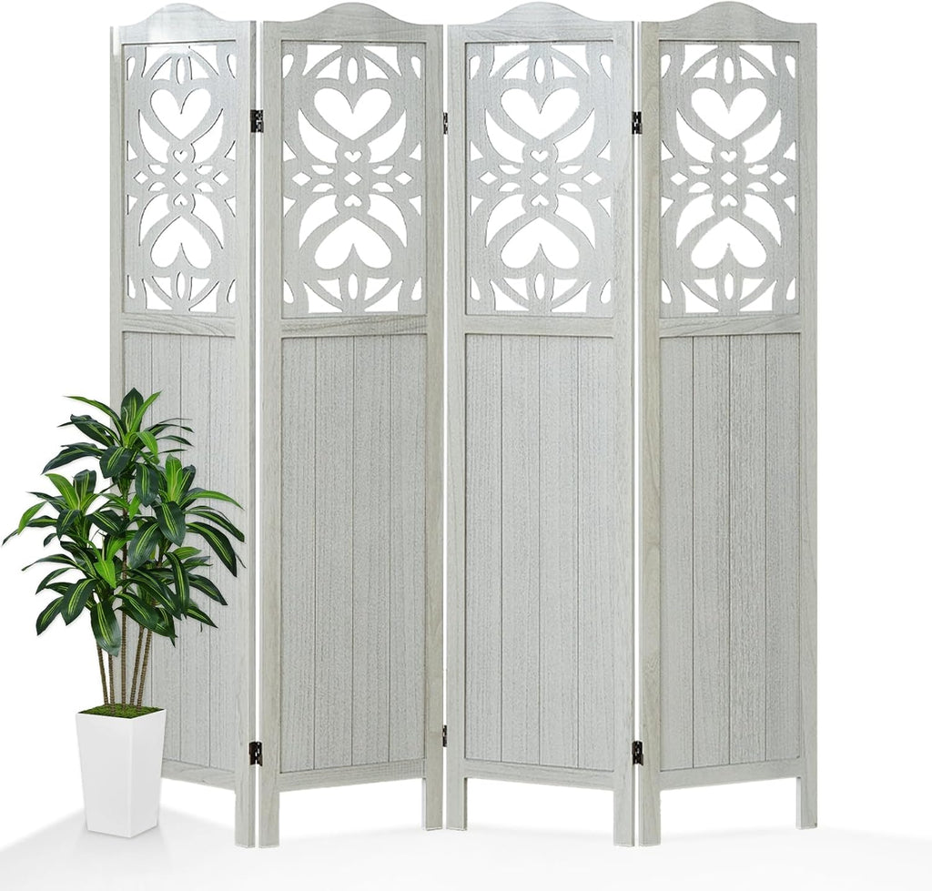 4 Panel Room Divider Panel, 5.6Ft Tall Room Divider Wall and Folding Privacy Screen, Carved Wall Divider Panel, Folding Portable Partition Screen, Divider for Room Separation - Light Gray