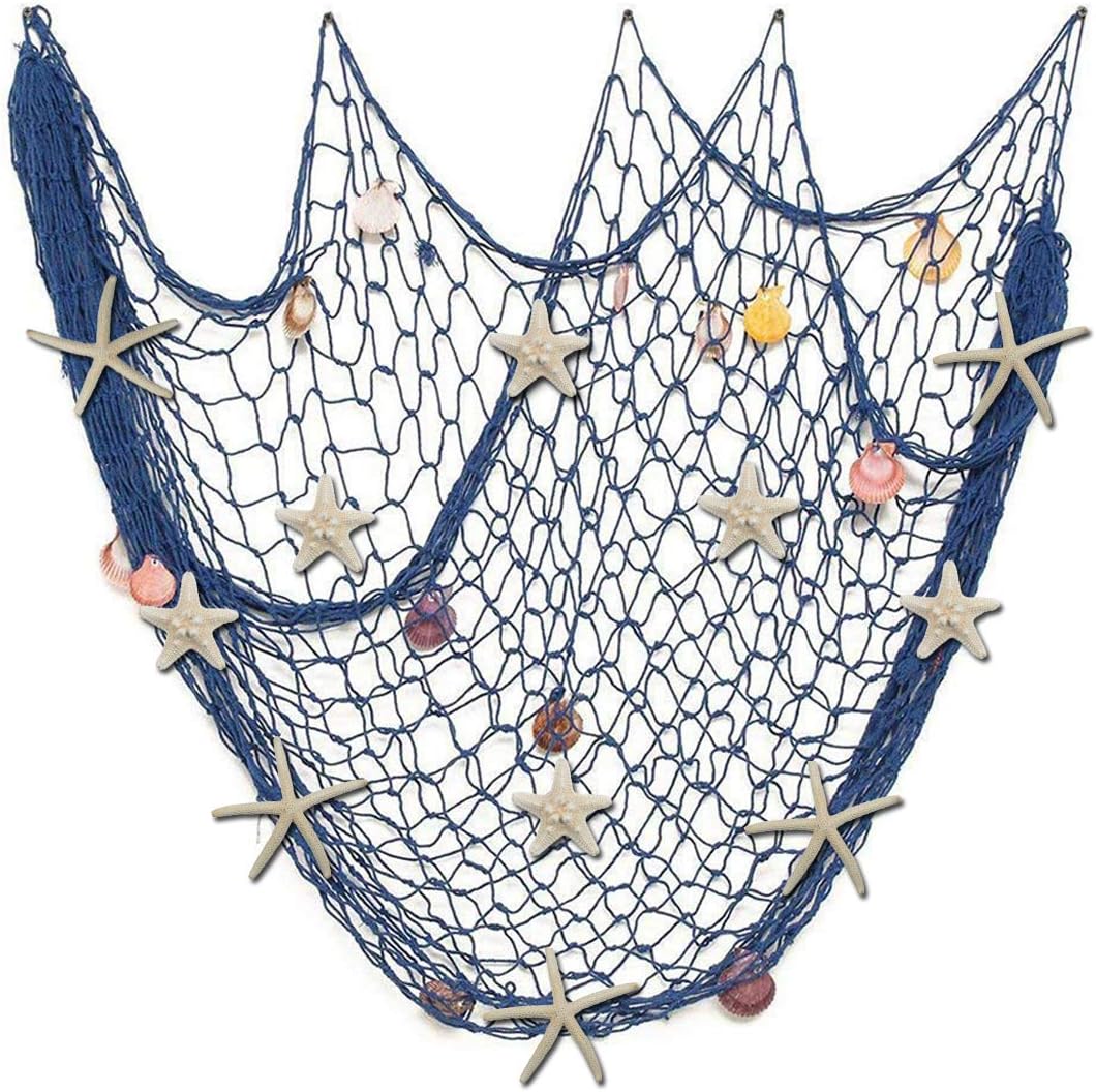 79 x 59 inch Nature Fish Net Wall Decoration with Colorful Sea Shells and 10 Pcs Natural Starfish Ocean Themed Mediterranean Style Fishing Net for Beach Party,Wedding,photography Wall Decoration