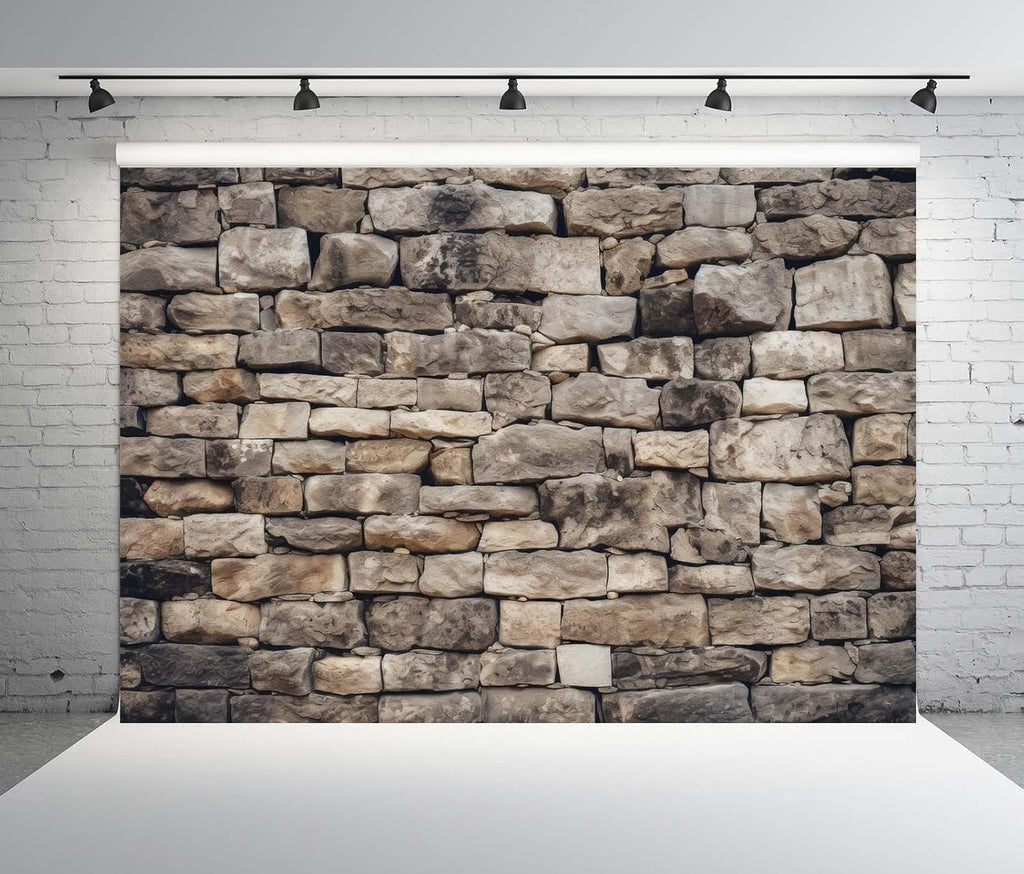 BELECO 5x5ft Fabric Vintage Stone Brick Wall Backdrop Textured Brick Retro Rock Stone Wall Background for Party Decorations Portrait Photoshoot Props
