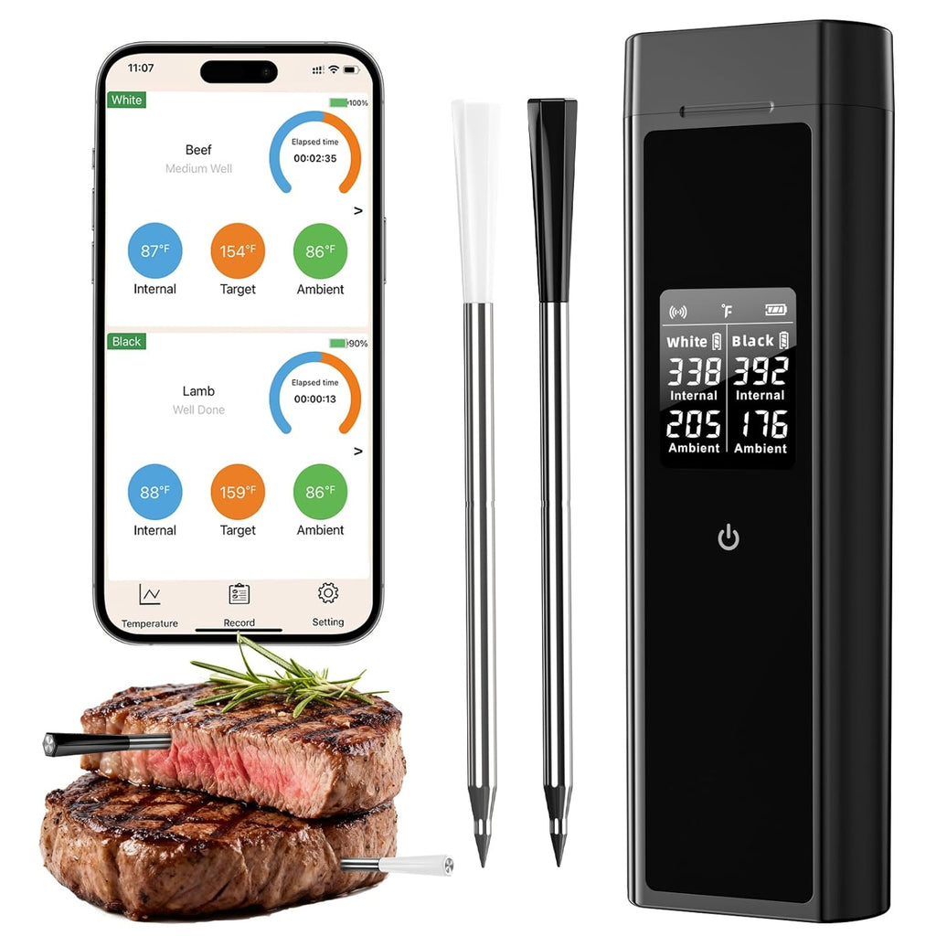 BlueSwan Bluetooth Meat Thermometer, 820 ft Range Smart Wireless Digital Food Thermometer with 2 Color Probes for Cooking, Grill, Smoker, Oven, Magnetic Design for Stocking Stuffers
