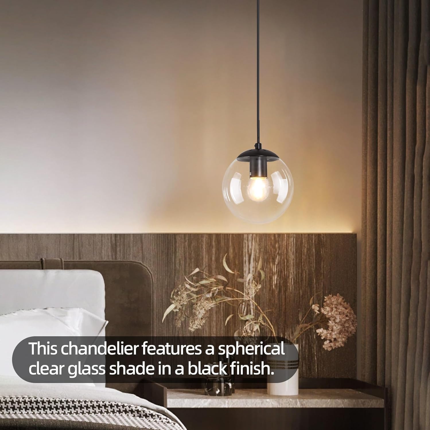 KoKo&Yukina 6-inch mini Modern Globe Pendant Light Clear Glass with Black Finish Contemporary Mid Century Adjustable Hanging Light Fixture for Living Room Bedroom Kitchen Island (Bulb Incl.)