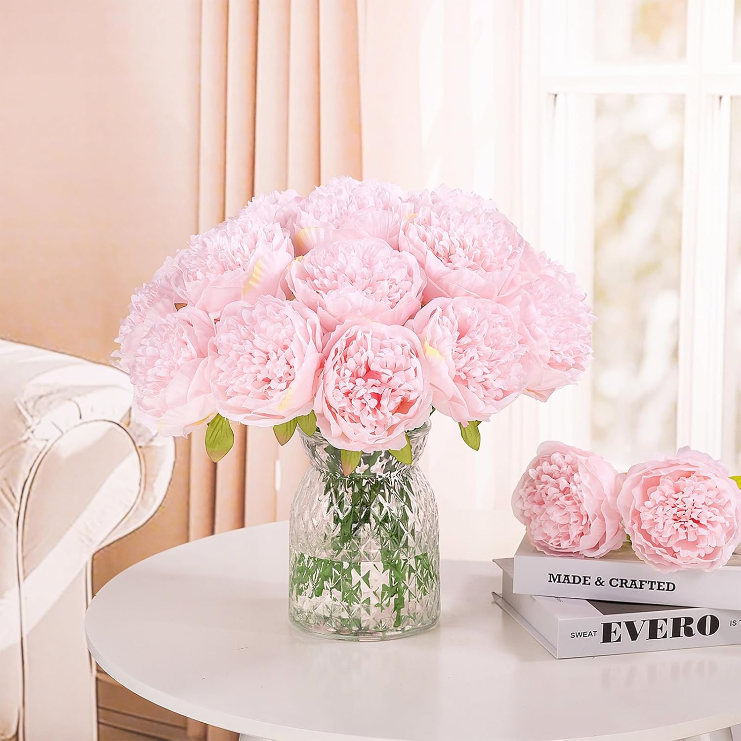 U'Artlines 2 Bouquet 10 Heads Artificial Peony Silk Flower Leaf Home Office Wedding Party Festival Bar Decor (Light Pink)