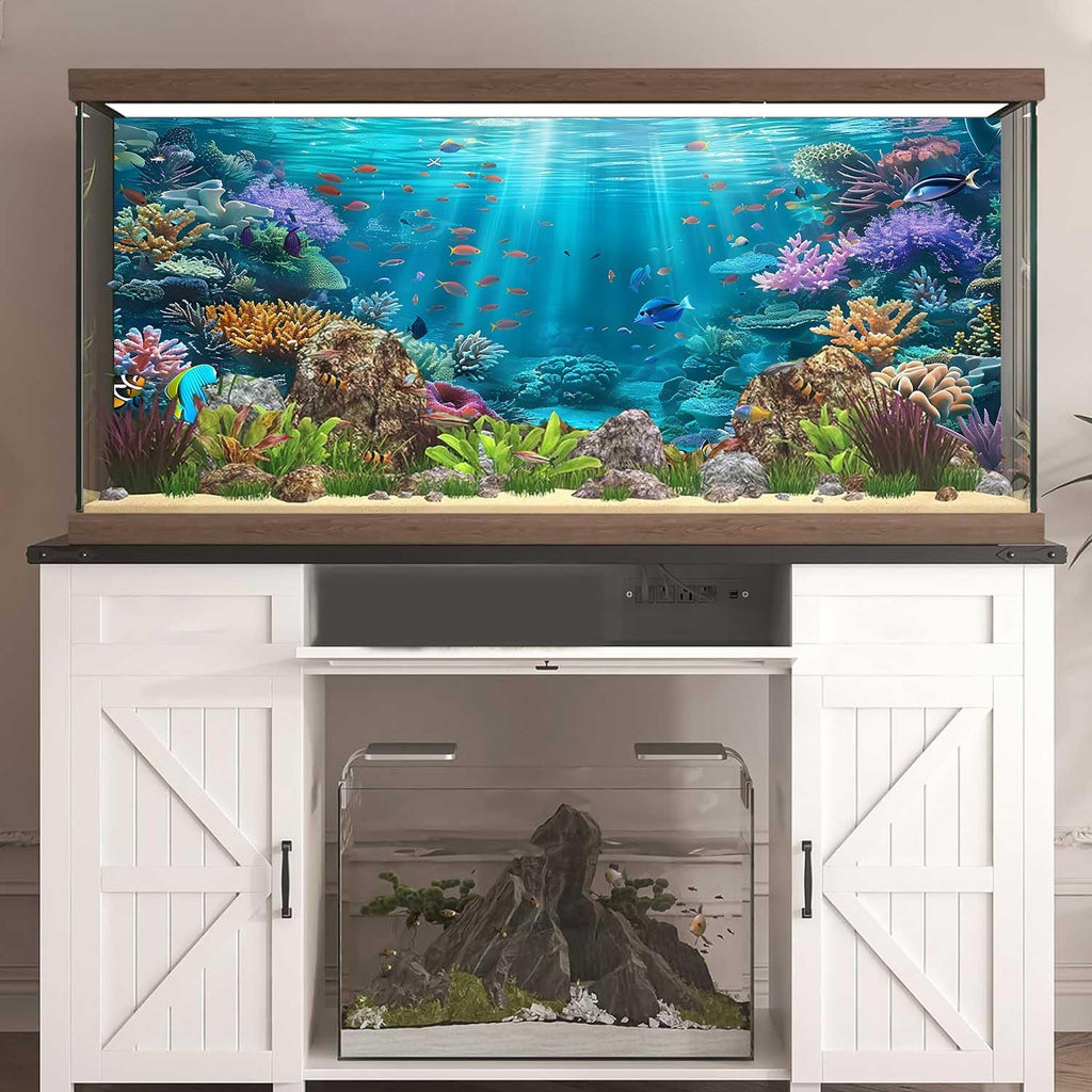 Underwater Aquarium Background, Ocean Floor Coral Reef Undersea Tropical Fish Coral Reef, Polyester Fish Tank Background with 6 EVA Double-Sided Tapes 36x18 inches/90x45