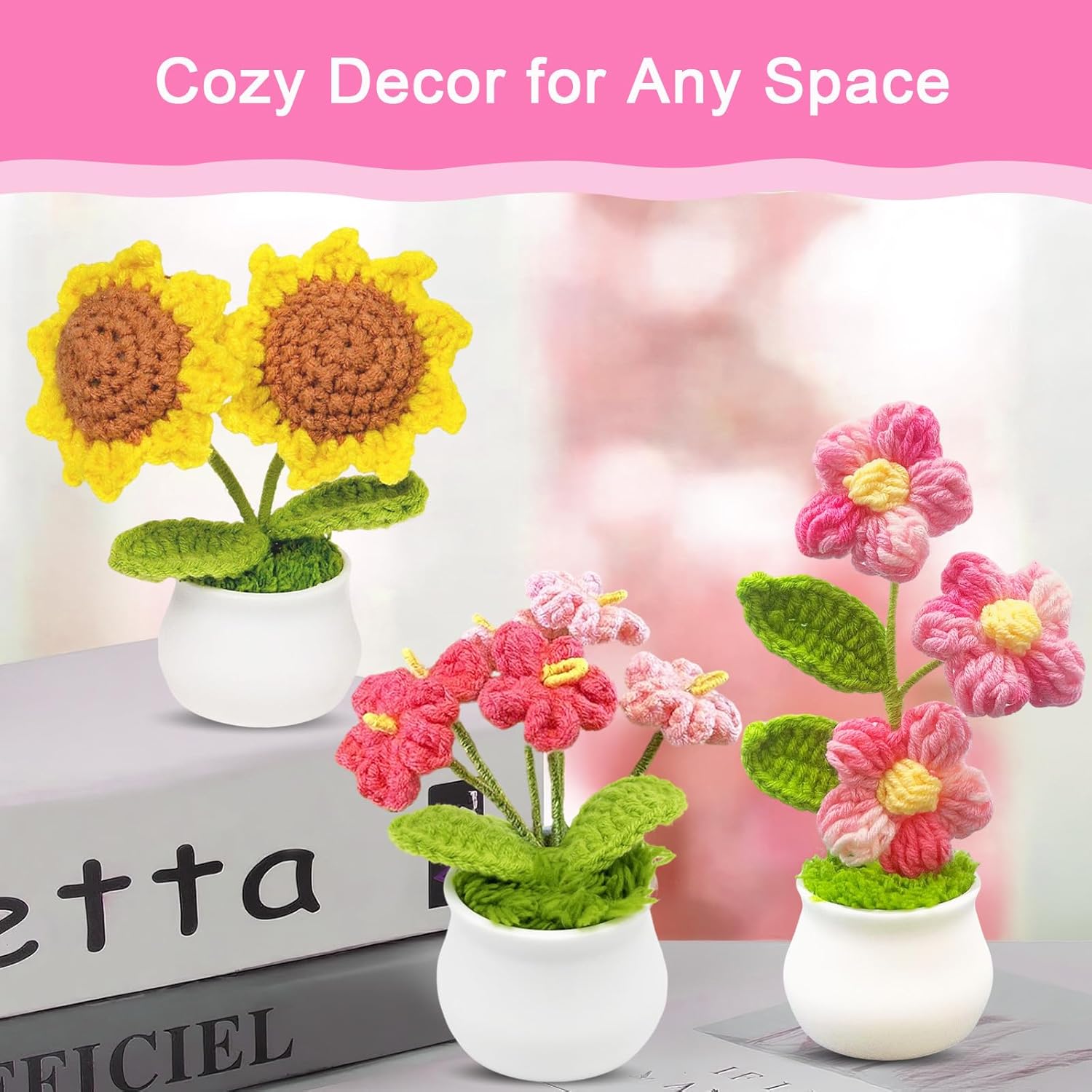 3pcs Crochet Flowers Cute Potted Flower,Mini Flower Bouquet for Mom Wife, Cute Desk Decor for Women,Artificial Handmade Flowers for Car Dashboard,Home Office Decoration (Color#1)