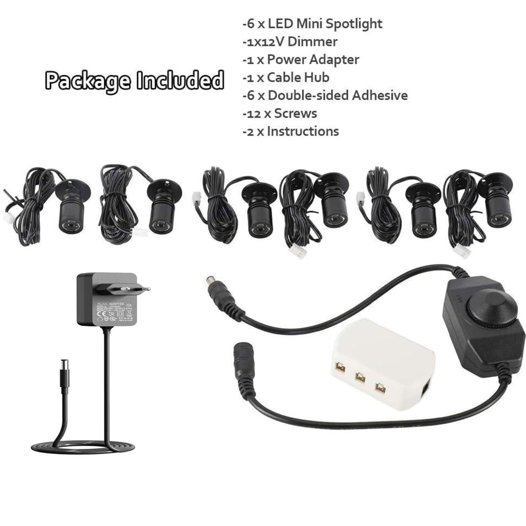 Dimmable 12V LED Mini Spotlights for Display - 1.5W Daylight 6500K, Small Spotlights for Displays with Dimmer, Black - Set of 6