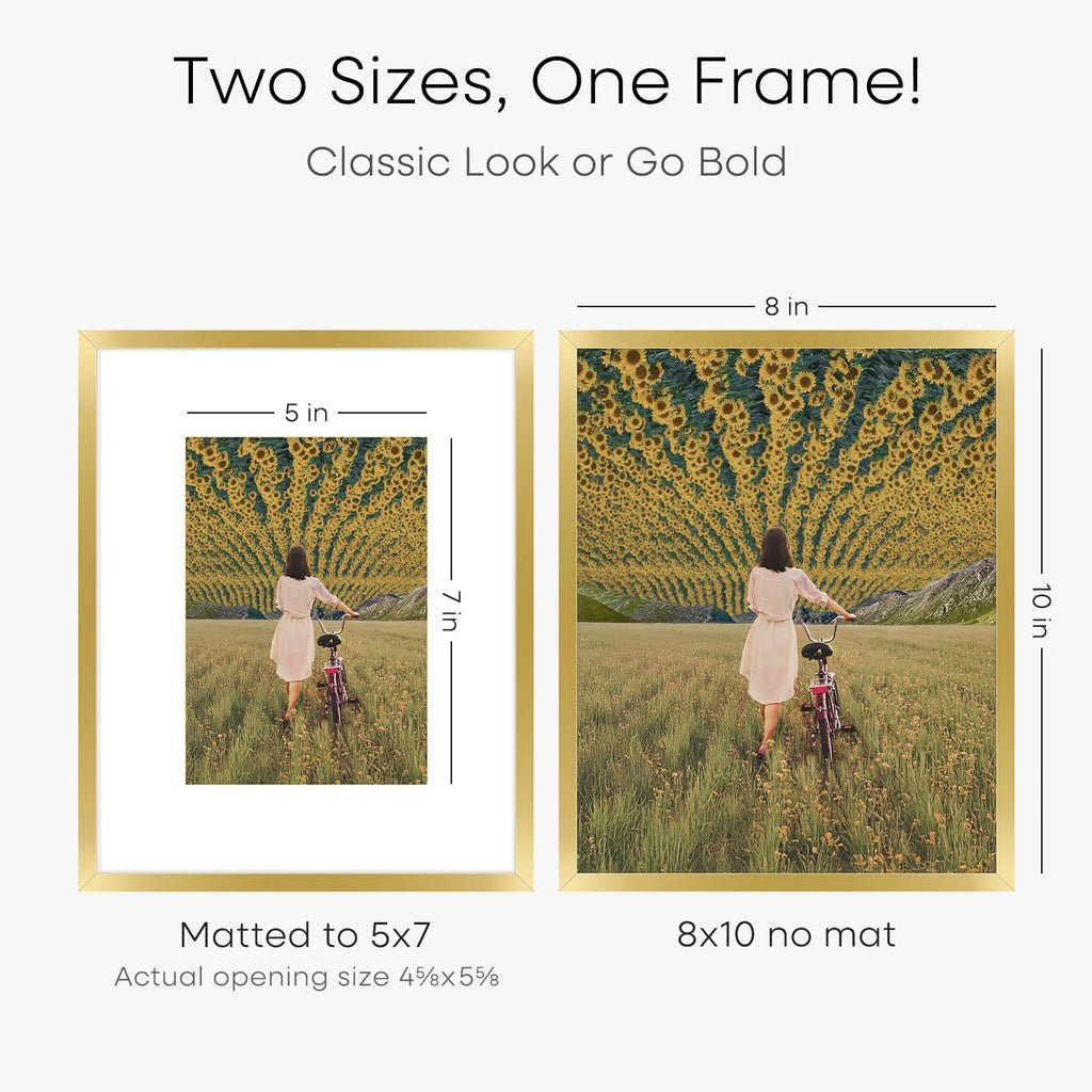 Homeforia 8x10 Picture Frame Gold, High End Metal 8 x 10 Photo Frames with Mat 5 by 7 Art, 10x8 Poster Frame Matted to 5x7 inch Print, 8by10 Wall or Tabletop Frames, Tempered Glass, Wall Kit, Set of 4