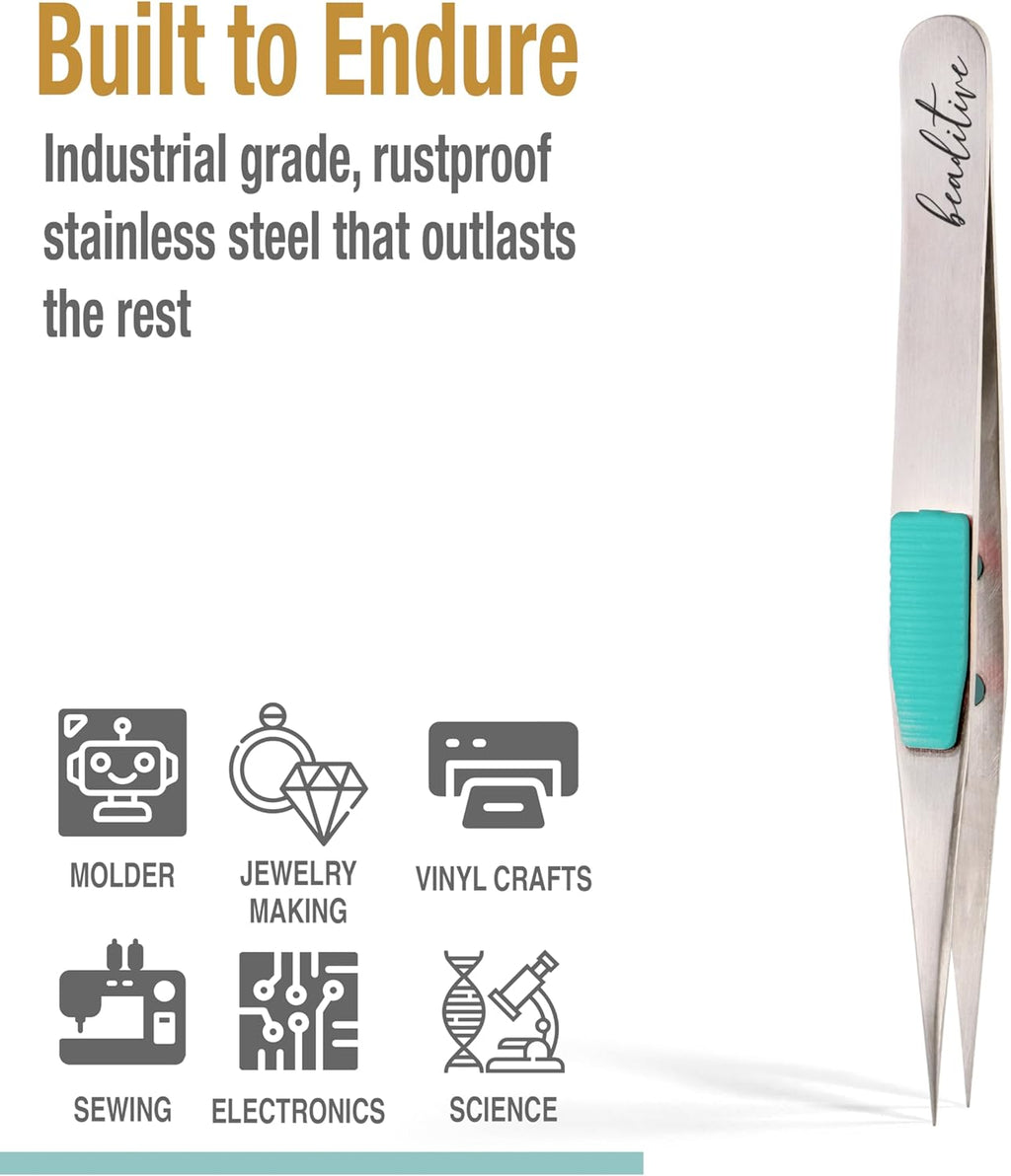 Beaditive High Precision Heavy-Duty Tweezers With Cushion - 4.7" Craft Tweezers for Sewing, Beading & DIY Crafts - Non-Serrated, Fine Point Tips - Stainless Steel Needle Nose Hobby Tweezers (Teal)