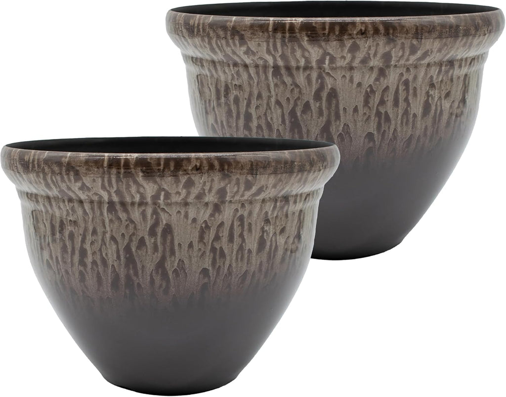 The HC Companies 16 Inch Pizzazz Round Planter Pots with Ceramic Look, Lightweight UV-Resistant Plastic Outdoor Planters, 2-Pack Flower Pots for Garden & Home Decor, Foggy Gray