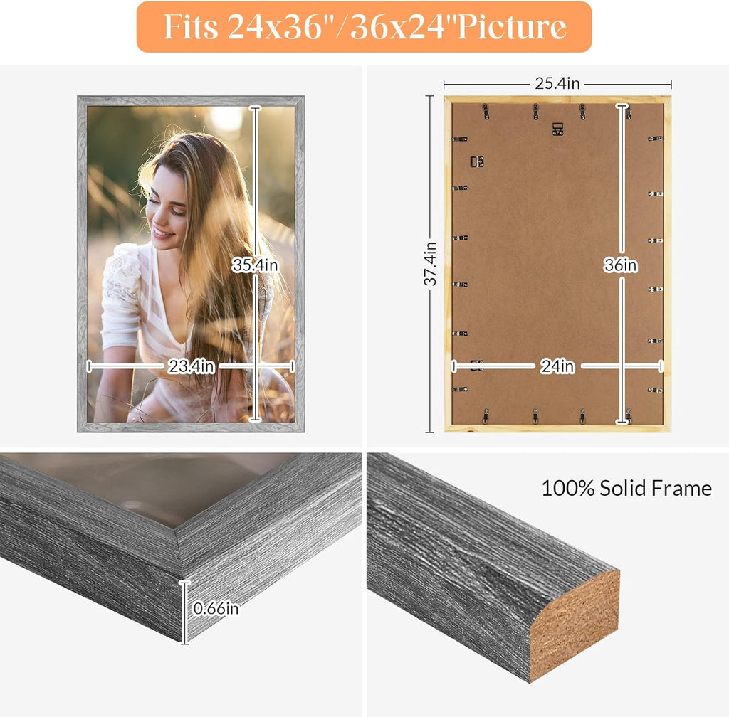 Grey Wood 24x36 Poster Frame, Rustic Natural 36x24in Gray Woodgrain Picture Photo Frame, Modern Solid 24 x 36inch Gallery Wall Frame with HD Plexiglass, Horizontal Vertical Wall Mounting Display 1pcs