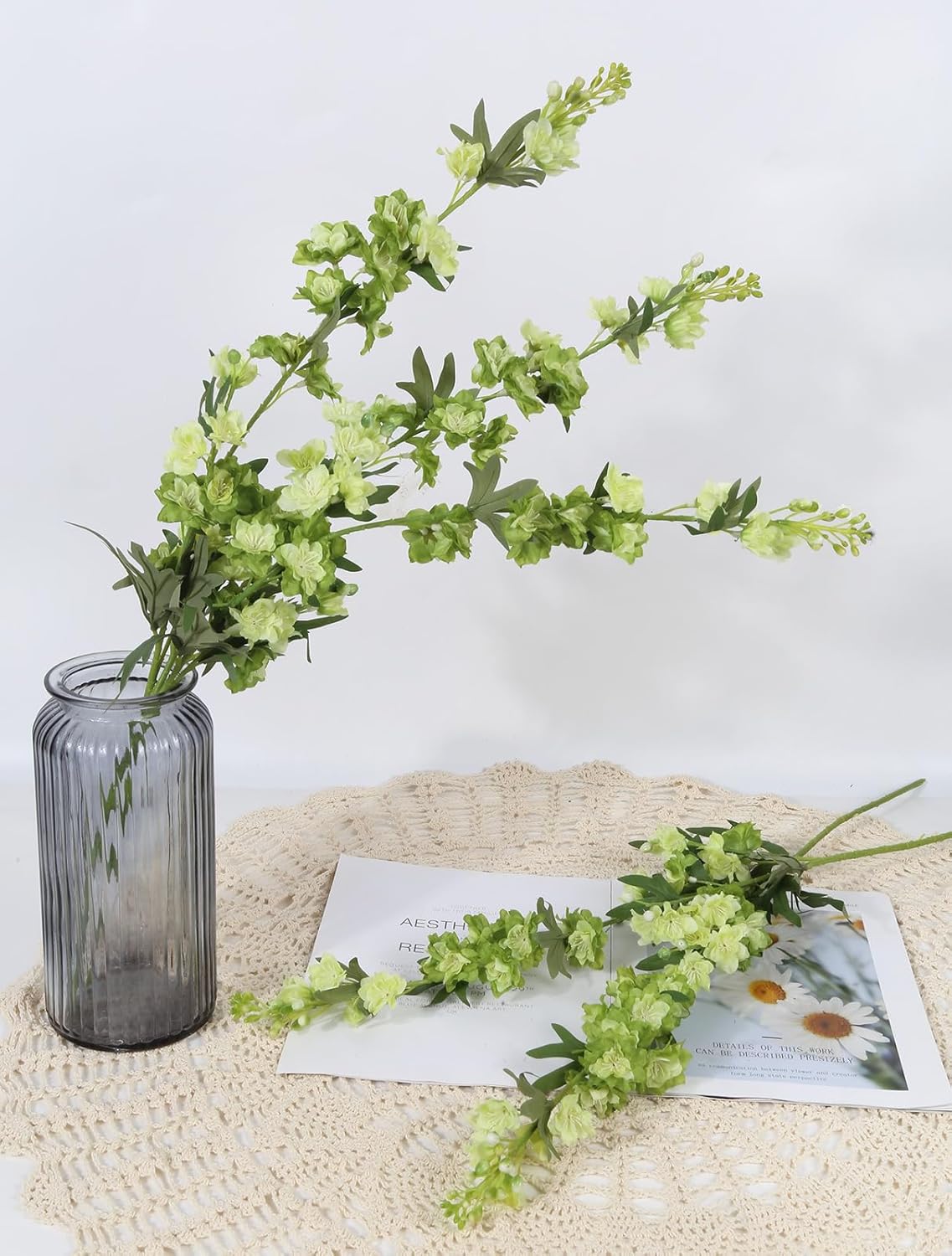 IPOPU Sage Green Delphinium Artificial Flowers 5PCS Silk Larkspur Realistic Faux Snapdragon for Vase, Wedding Centerpieces, Home Table Party Decor