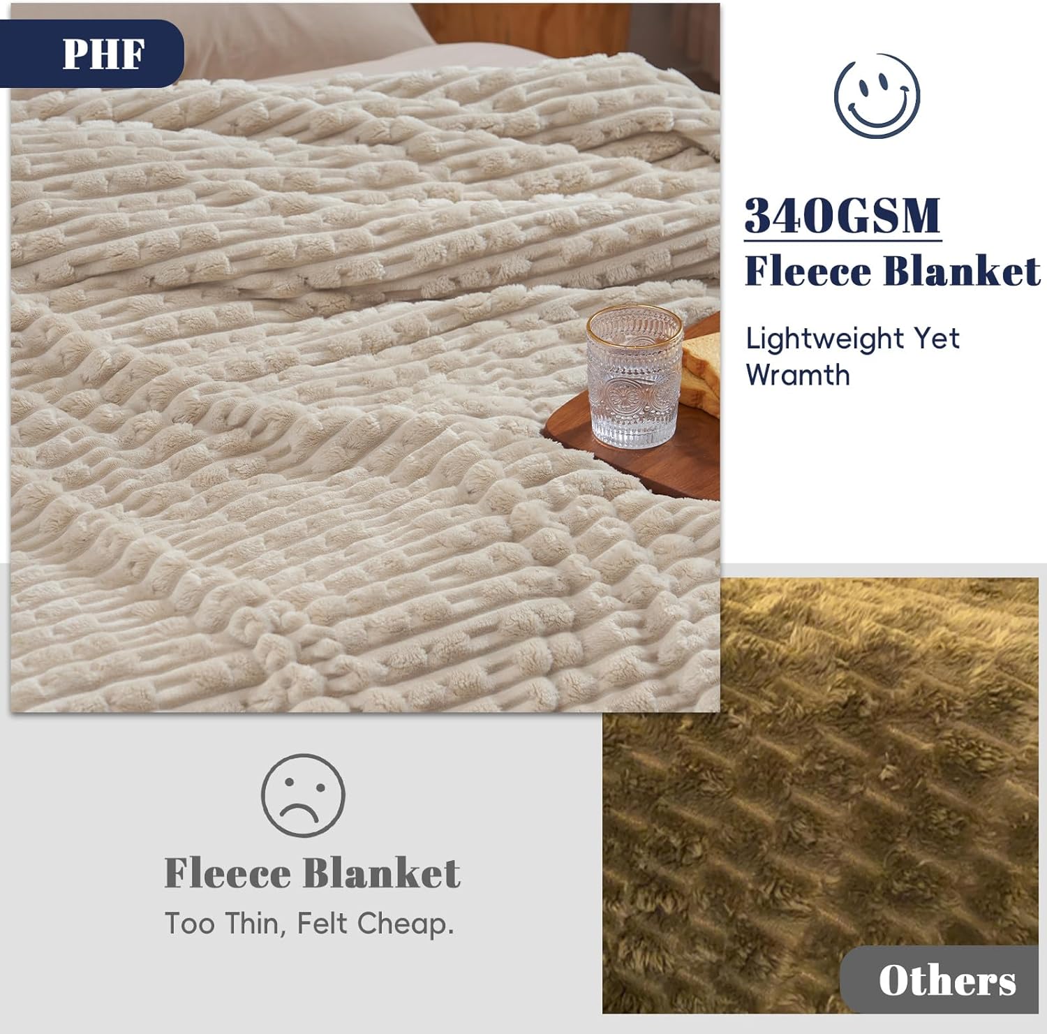 PHF Ultra Soft Flannel Fleece Blanket Queen Size, Lightweight 3D Jacquard Fleece Blanket, No Shedding, No Pilling, Luxury 340GSM Aesthetic Fluffy Cozy for Bed Room Decor, 90"x90", French Oak