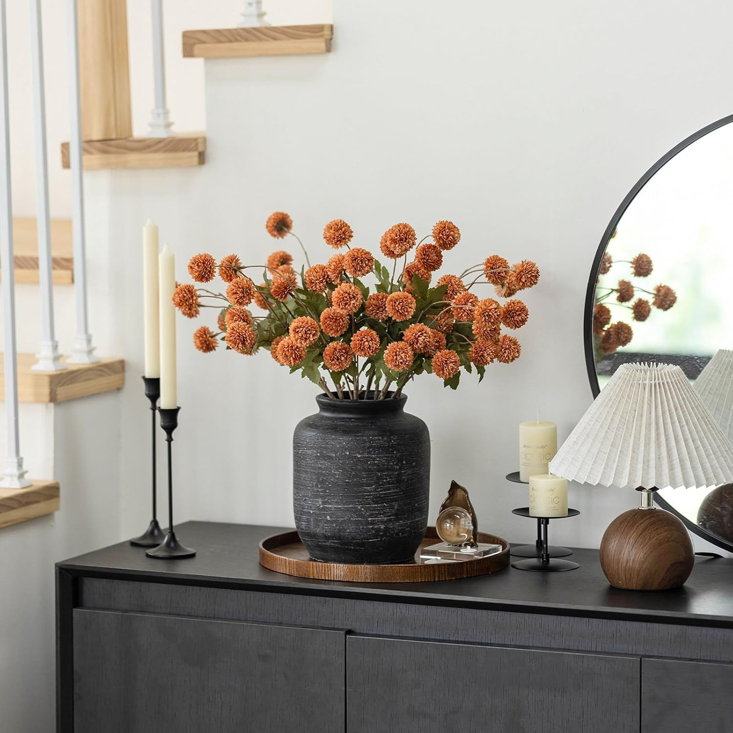 mizii 6Pcs Orange Fake Silk Pompon Mum Artificial Flowers Bulk Small Faux Chrysanthemums with Stems Floral Decorations for Wedding DIY Bouquet Centerpieces Shower Vase Home Decor (Burnt Orange)