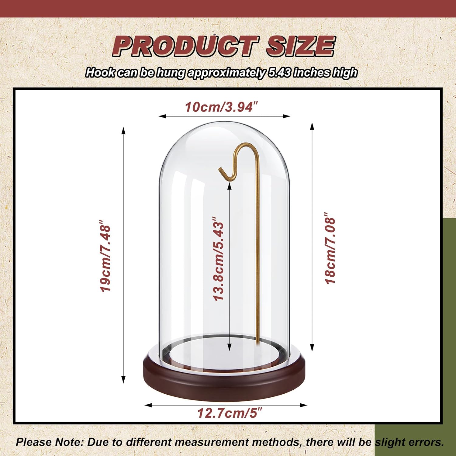 2 Pcs Pocket Watch Glass Display with Hooks Dome Cloche with Wood Base Decorative Glass Display Dome Showcase for Watch Plants Medals Photos Collectibles Dark MDF Base(4" X 7",Gold Hook)