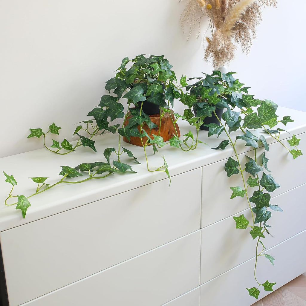 alyptus Fake English Ivy Plants in Pots Set of 2 – Realistic Artificial Ivy Greenery for Home Decor, Tabletop, Office, Shelf, or Bathroom – Lifelike Faux Hanging Vines, No Maintenance Required