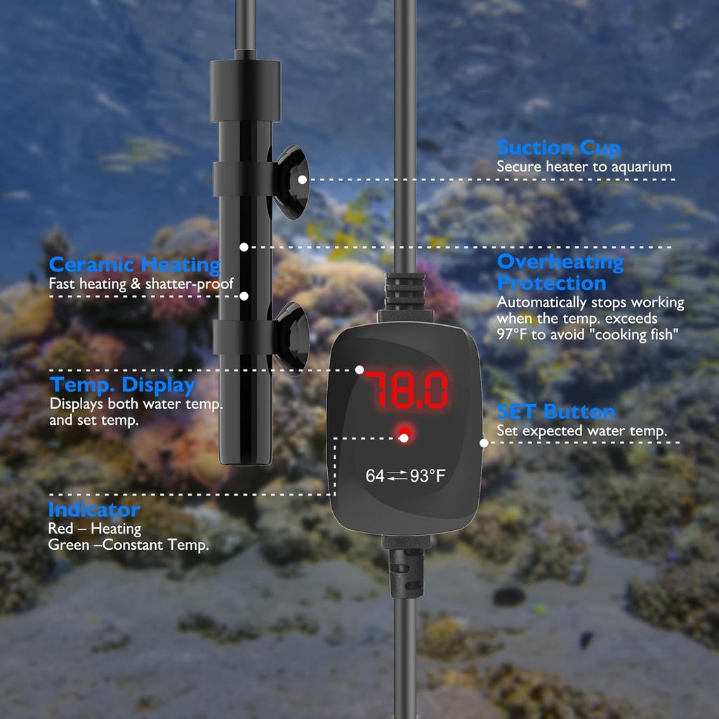 Mini Aquarium Heater 25W Super Small Fish Tank Heater with Digital Display Thermostat, Alumina Ceramic Betta Tank Heater Turtle Heater for 3-5 Gallon Tanks