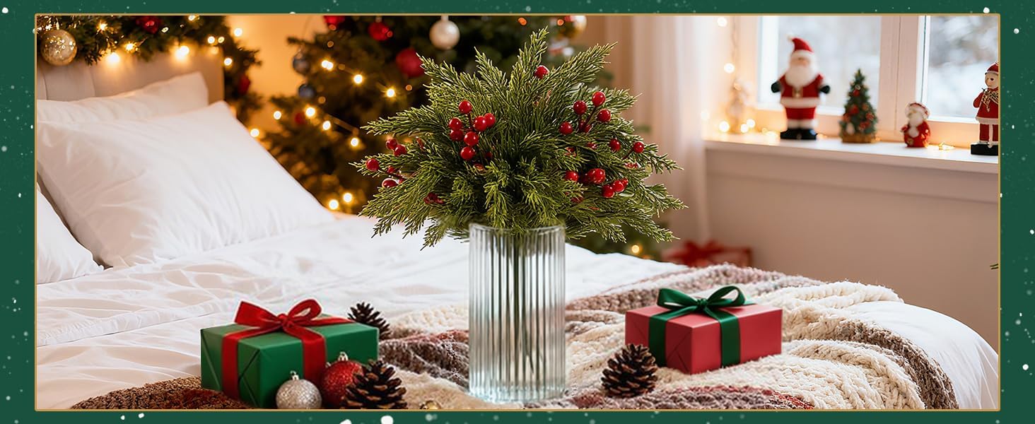 Artificial Pine Branches 17.7" Faux Cedar Pine Stem Fake Greenery Pines Picks with Red Berries Suitable for DIY Christmas-Themed Decorations and Styles