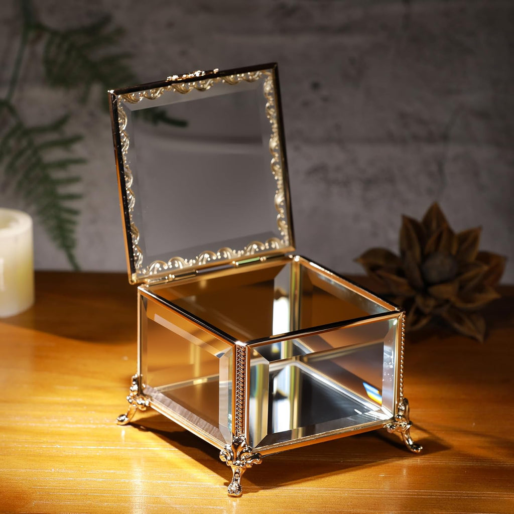 Glass Vintage Jewelry Box Keepsake storage Trinket Ring Display Box Home Decor Beveled Clear Glass Box Organizer(4.6x4.6x3.2Inches)