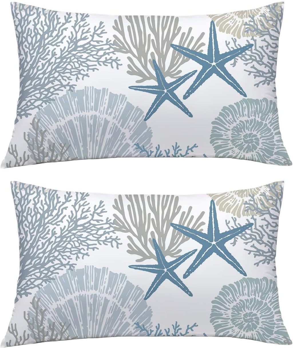 Tritard Nautical Coastal Throw Pillow Covers 12x20 Inches Set of 2 Beach Themed Ocean Seashell Coral Starfish Velvet Couch Lumbar Pillow Cover Outdoor Sofa Cushion Cover for Bedroom Living Room, Blue