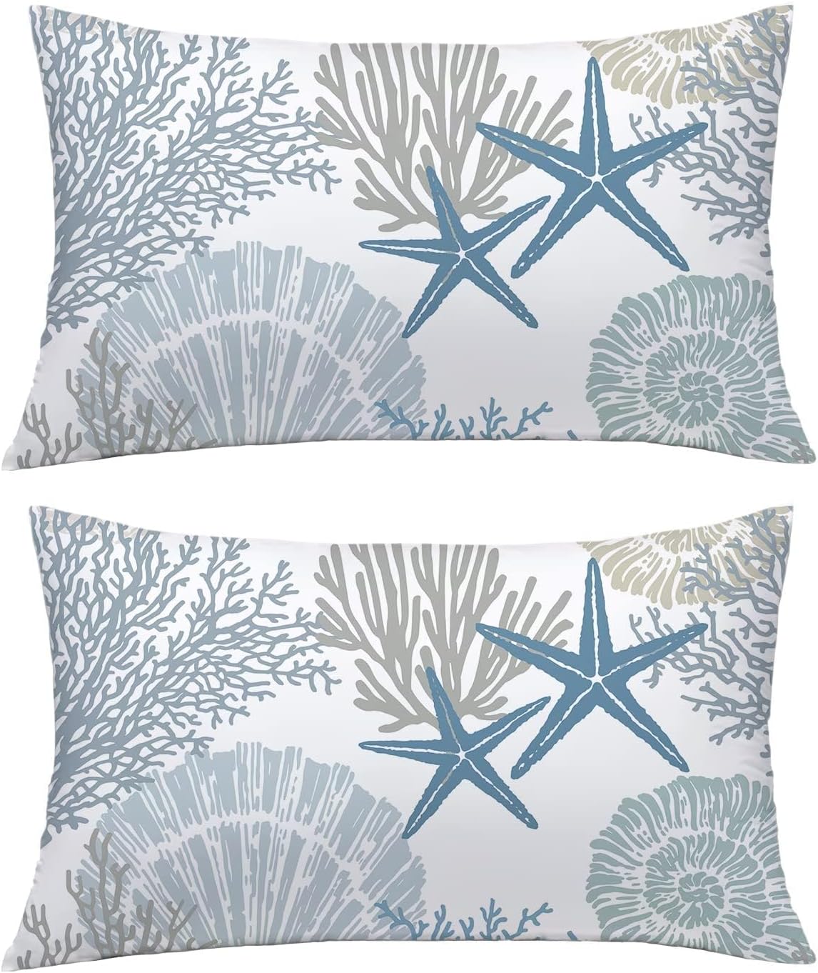 Tritard Nautical Coastal Throw Pillow Covers 12x20 Inches Set of 2 Beach Themed Ocean Seashell Coral Starfish Velvet Couch Lumbar Pillow Cover Outdoor Sofa Cushion Cover for Bedroom Living Room, Blue