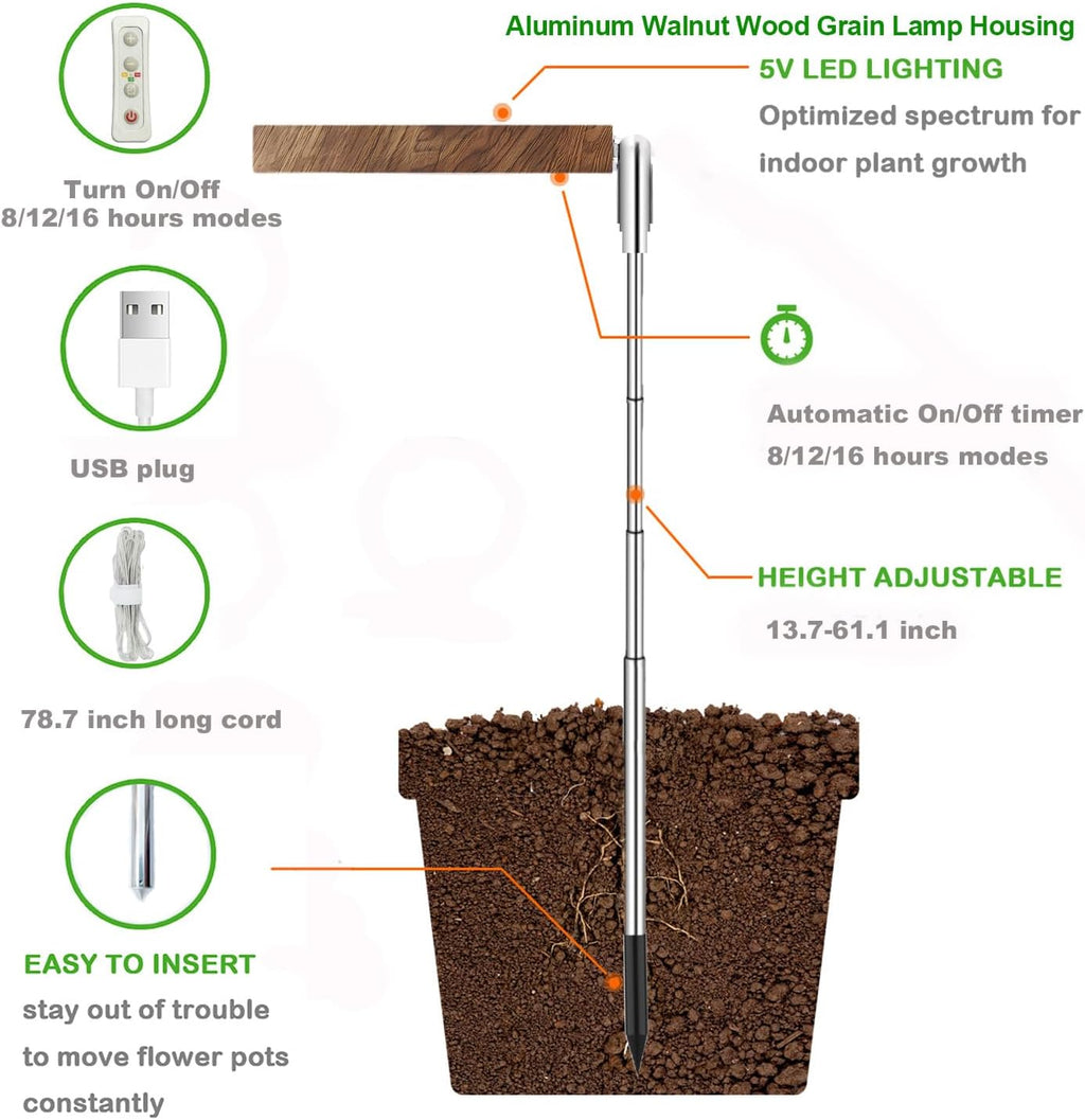 yadoker Plant Grow Light,LED Growing Light Full Spectrum for Indoor Plants,Aluminum Walnut Wood Grain Plant Lights,Height Adjustable, Automatic Timer, 5V Low Safe Voltage