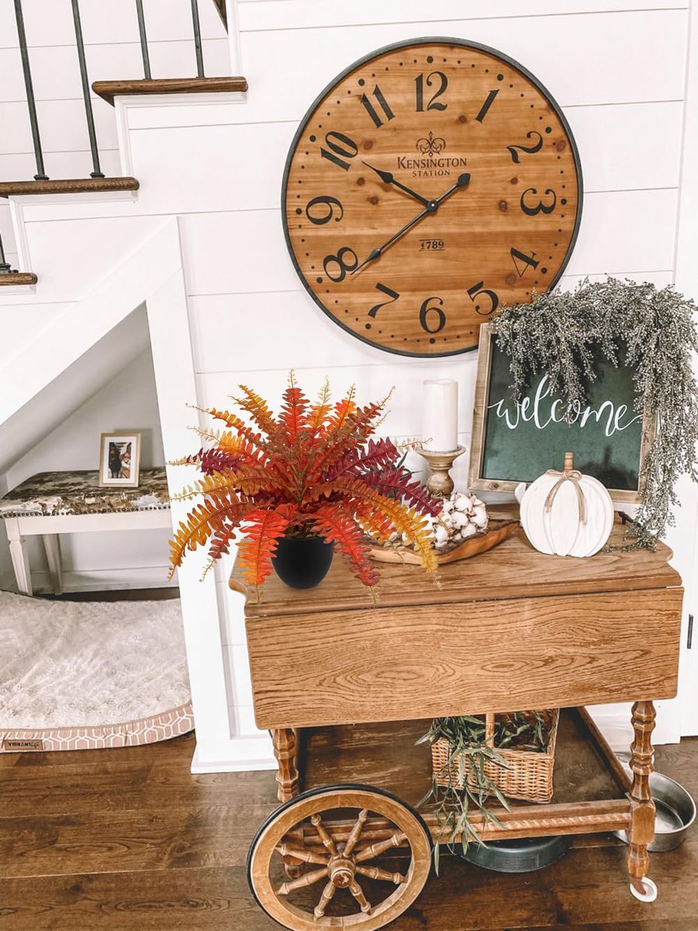 Hollyone Fake Boston Fern in Pot Fall Faux Fern Medium Potted Plant Medium Autumn Decor Plants Outdoor Indoor Autumn Boston Ferns Artificial Plants for Patio Garden Farmhouse Fall Decorations for Home
