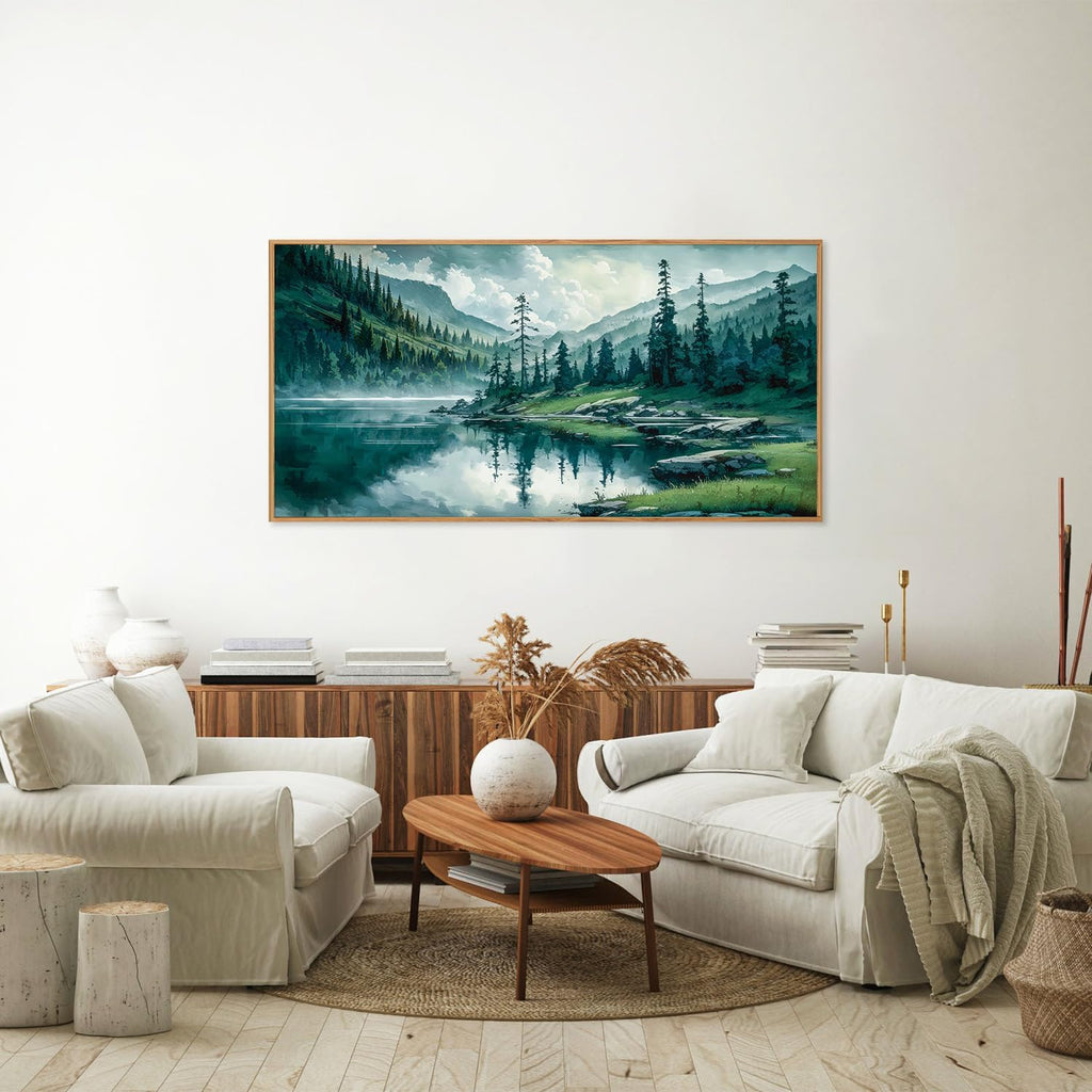 Tinonedraw Large Nature Forest Framed Canvas Wall Art, Boho Mountain Calming Lake Wall Decor, Olive Green Pine Trees Artwork, Northern Wilderness Art Painting for Living Room Bedroom Office 20"x40"