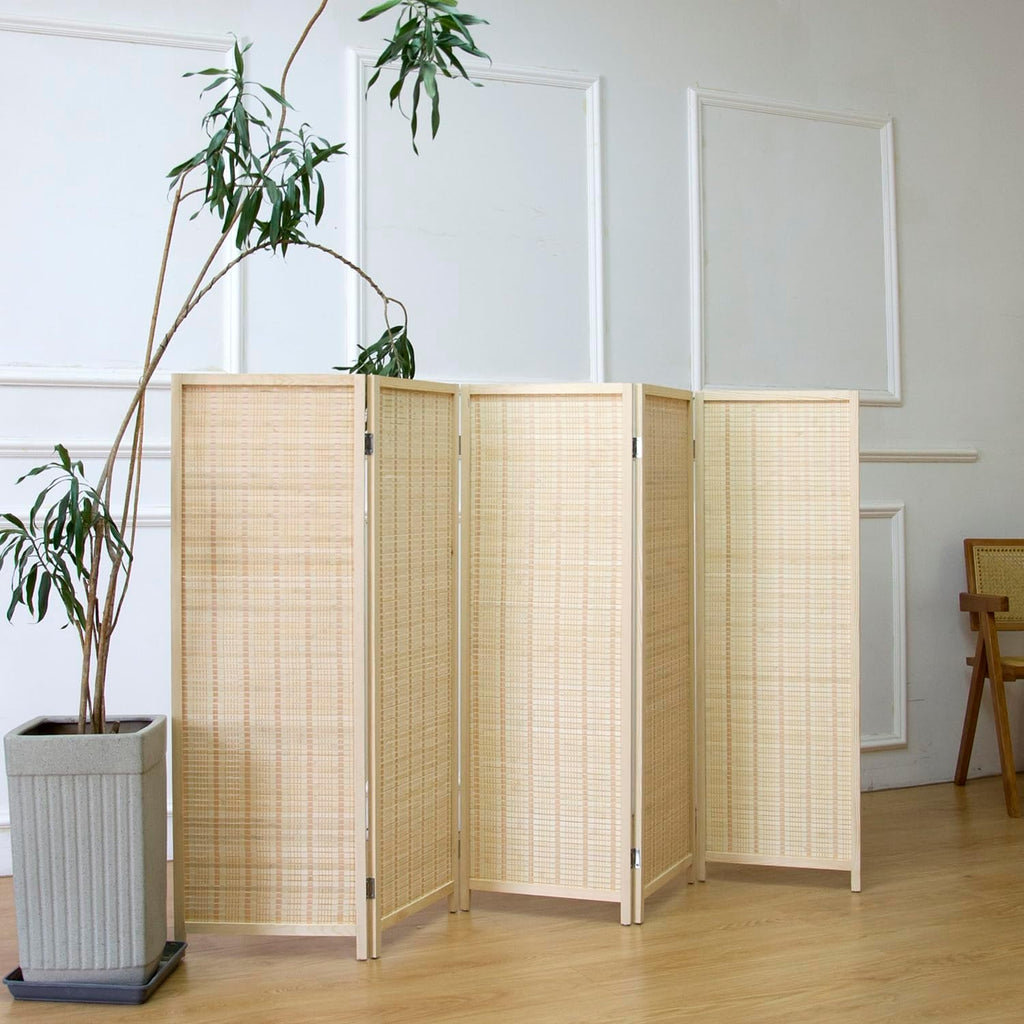 5 Panel Room Divider Short Folding Screen Divider,Double Sided Bamboo Panel Divider for Room Separation,Beige,47.2" H x 76.75" W