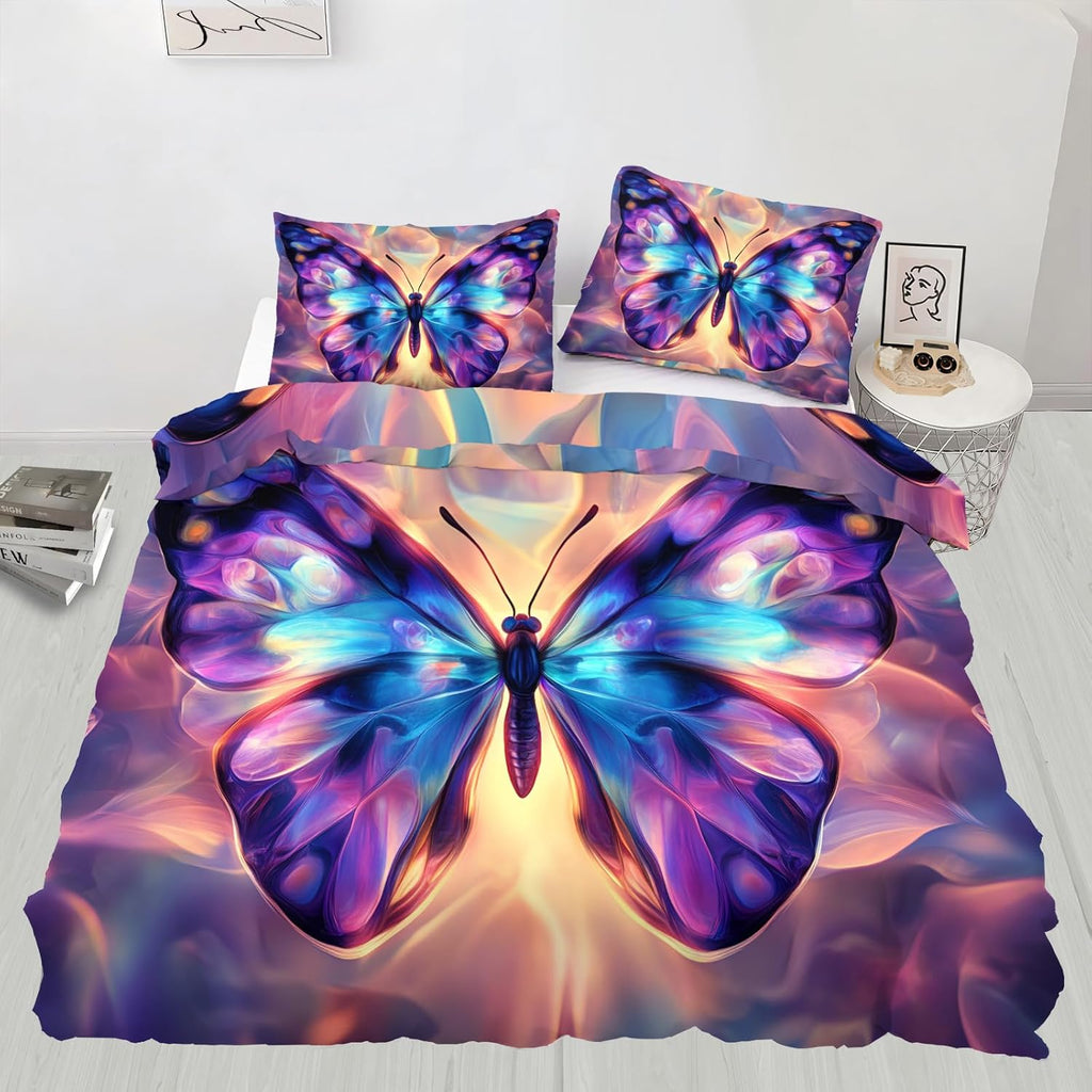 Beautiful Butterfly Duvet Cover Queen Size, Colorful Butterfly Bedding Set 3 Piece Bedroom Decor Neon Purple Comforter Cover and 2 Pillow Sham with Zipper Closure