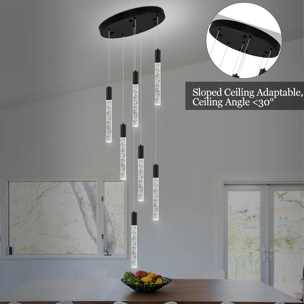 Modern High Ceiling Crystal Chandelier 7-Lights, Spiral LED Raindrop Foyer Pendant Lighting, Bubble Staircase Living Room Hanging Light Fixture Flush Mount Black