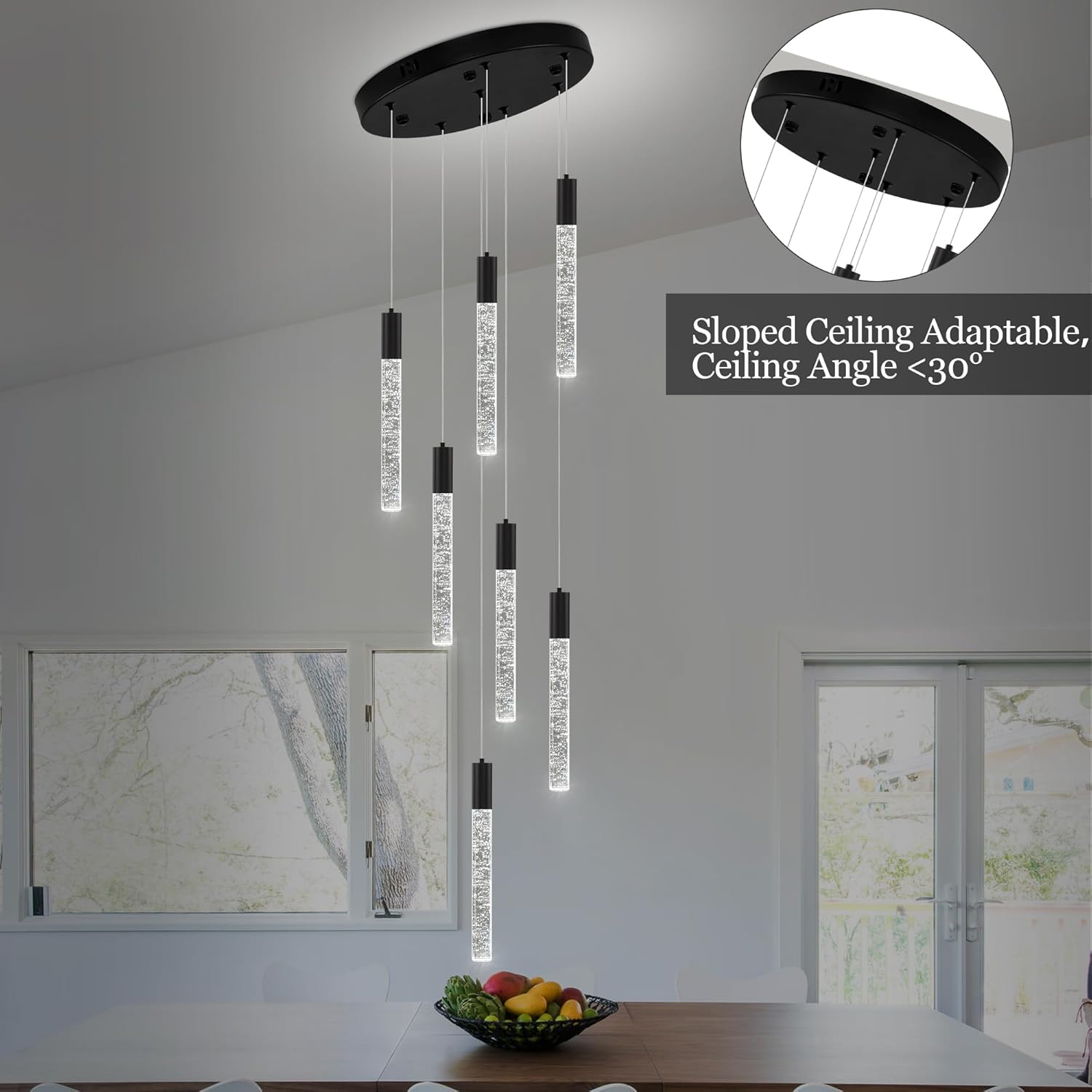 Modern High Ceiling Crystal Chandelier 7-Lights, Spiral LED Raindrop Foyer Pendant Lighting, Bubble Staircase Living Room Hanging Light Fixture Flush Mount Black
