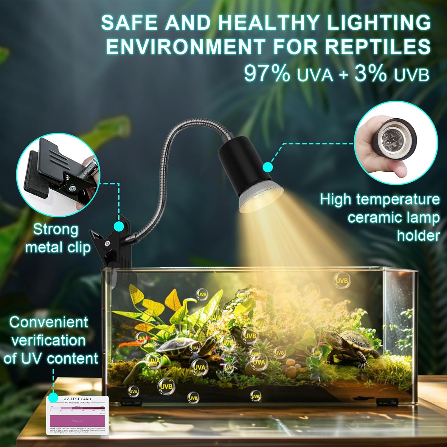 Reptile Heat Lamp Turtle Light - Long Lasting Ceramic Socket Basking Lamp with Auto Timer & Dimmer, 2 E27 Bulbs (25W & 50W) with UVB Support & Test Card for Turtles, Tortoises, Bearded Dragons, Geckos