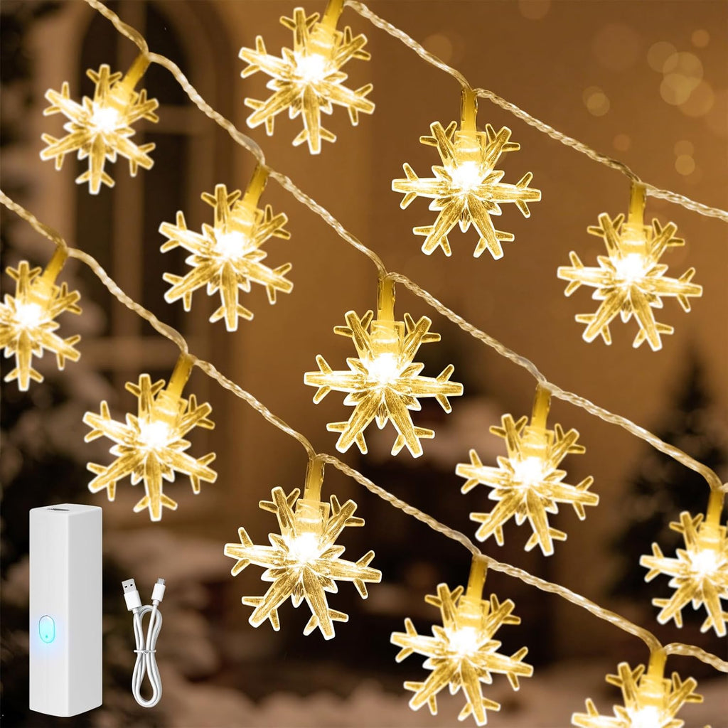 Christmas Lights, 20FT 40 LED Snowflake Fairy Lights Battery Operated Indoor, Rechargeable String Lights, Mini Twinkle Lights with 8 Modes & Timer for Bedroom Party Xmas Tree Decorations Warm White