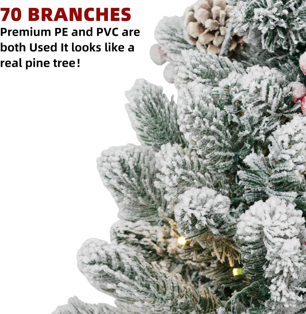 ININ 2FT Pre-lit Mini Christmas Snow Flocked Tree,Tabletop Artificial Christmas Tree with LED Lights, Small Xmas Pine Tree with Cloth Bag Base for Christmas Decor,12 Clusters Berry & 8 Pinecones